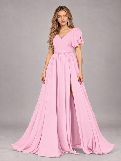 Candy Pink Beautiful BridesmaidV-Neck Lace-Up Back Chiffon Bridesmaid Dress with Slit