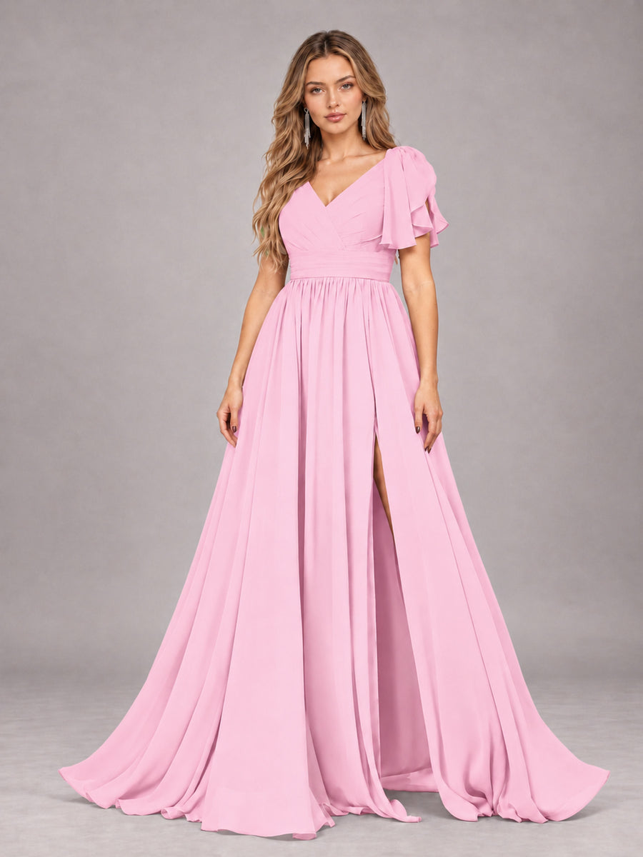 Candy Pink Beautiful BridesmaidV-Neck Lace-Up Back Chiffon Bridesmaid Dress with Slit