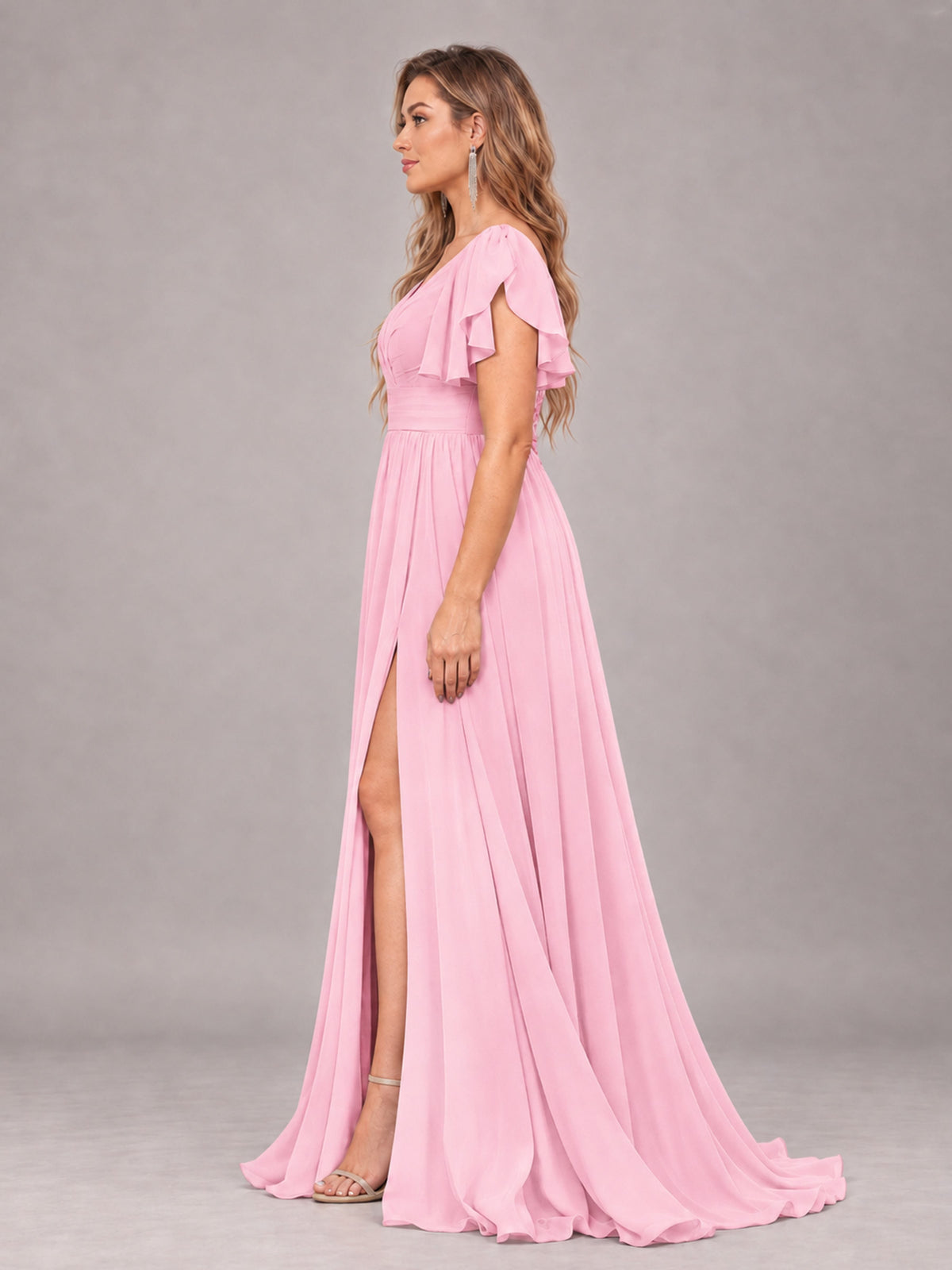 Candy Pink Beautiful BridesmaidV-Neck Lace-Up Back Chiffon Bridesmaid Dress with Slit