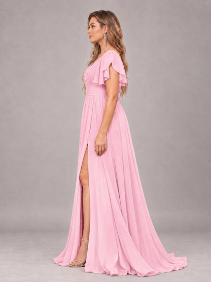 Candy Pink Beautiful BridesmaidV-Neck Lace-Up Back Chiffon Bridesmaid Dress with Slit