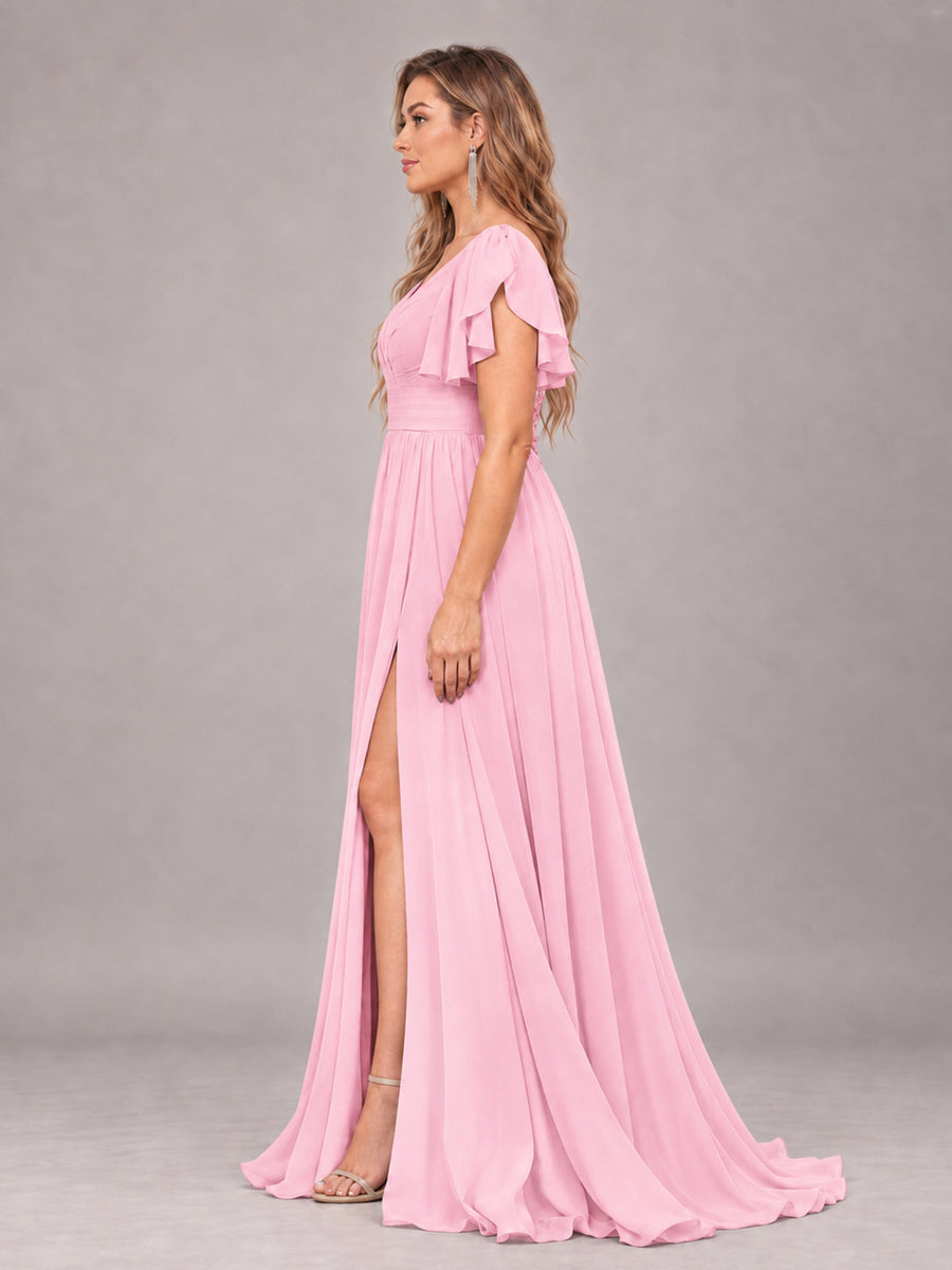 Candy Pink Beautiful BridesmaidV-Neck Lace-Up Back Chiffon Bridesmaid Dress with Slit