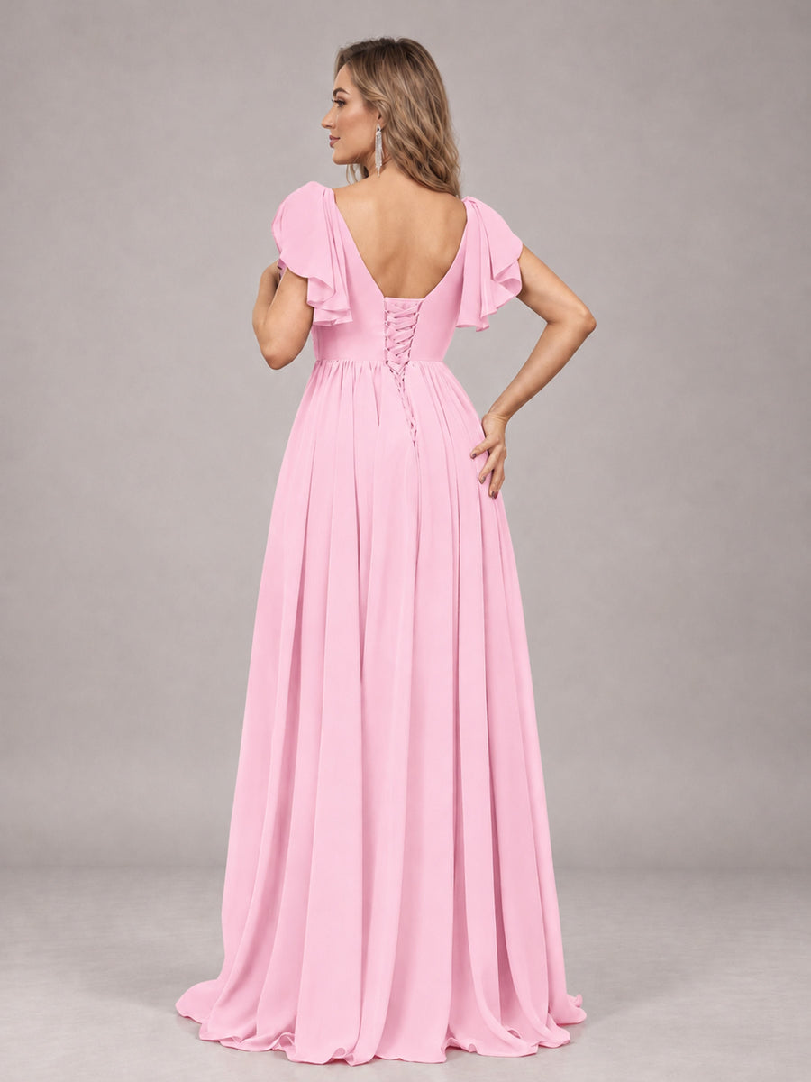 Candy Pink Beautiful BridesmaidV-Neck Lace-Up Back Chiffon Bridesmaid Dress with Slit