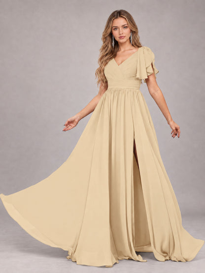 Champagne Beautiful BridesmaidV-Neck Lace-Up Back Chiffon Bridesmaid Dress with Slit