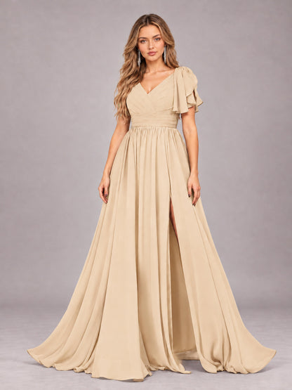 Champagne Beautiful BridesmaidV-Neck Lace-Up Back Chiffon Bridesmaid Dress with Slit