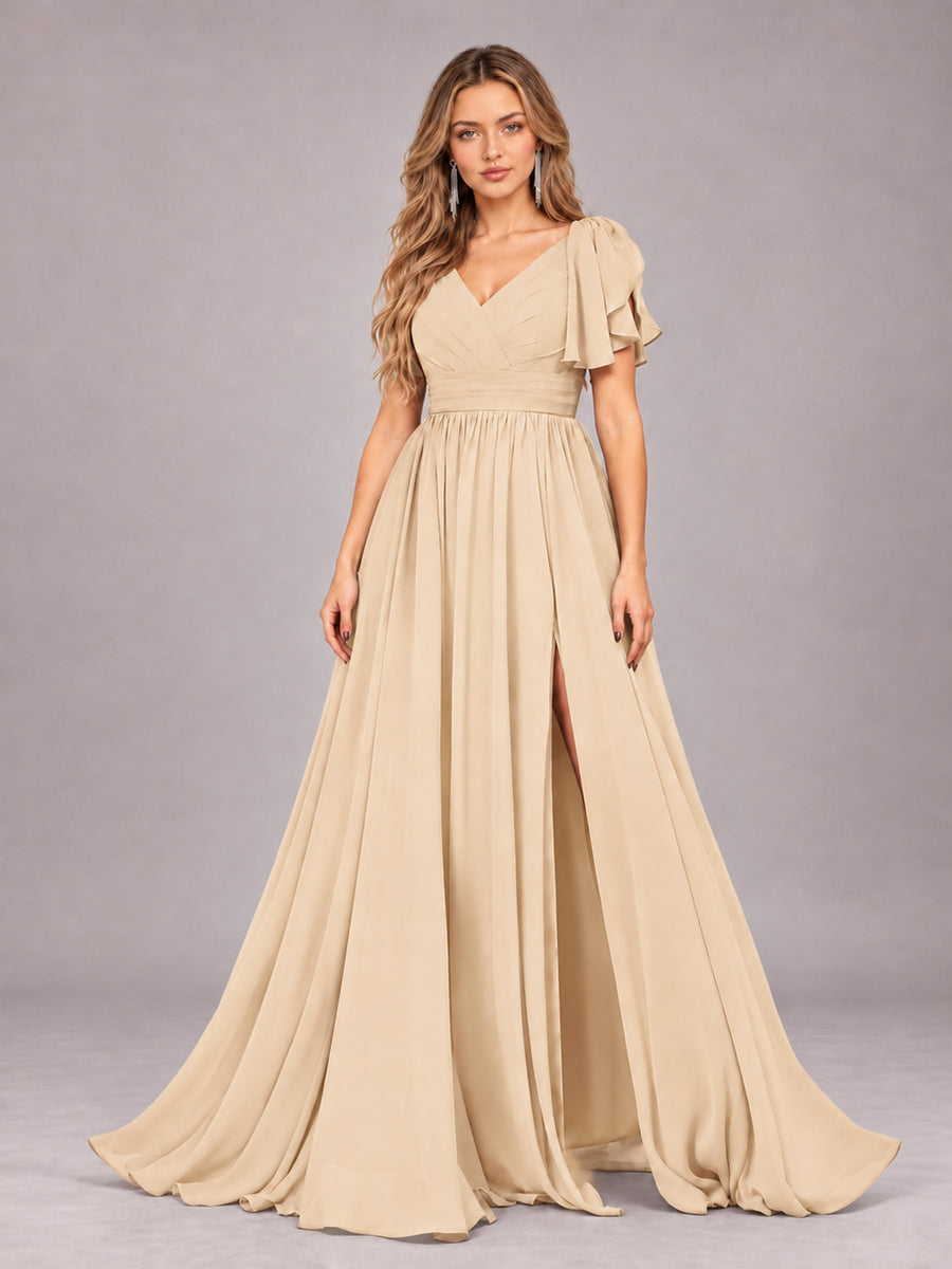 Champagne Beautiful BridesmaidV-Neck Lace-Up Back Chiffon Bridesmaid Dress with Slit