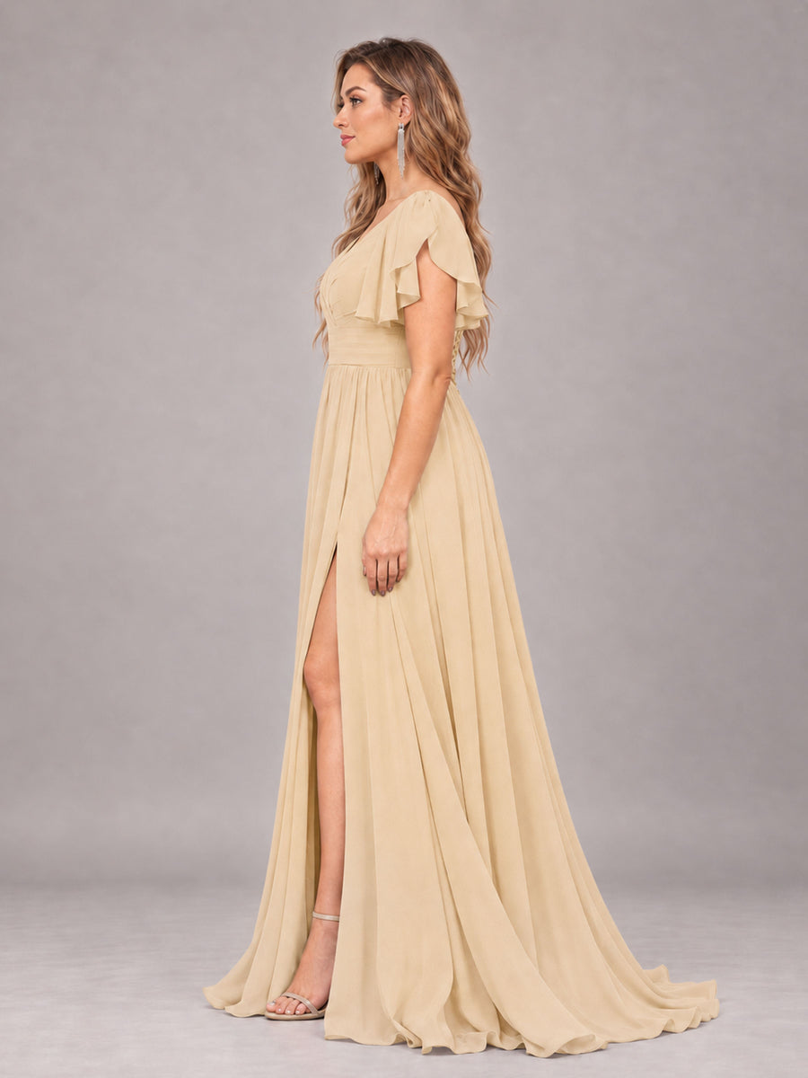 Champagne Beautiful BridesmaidV-Neck Lace-Up Back Chiffon Bridesmaid Dress with Slit