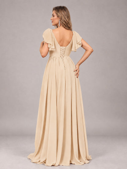 Champagne Beautiful BridesmaidV-Neck Lace-Up Back Chiffon Bridesmaid Dress with Slit