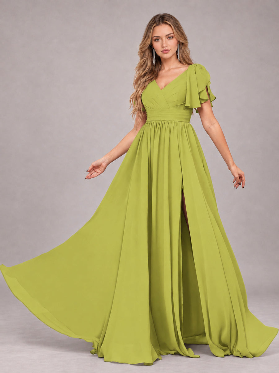 Chartreuse Beautiful BridesmaidV-Neck Lace-Up Back Chiffon Bridesmaid Dress with Slit