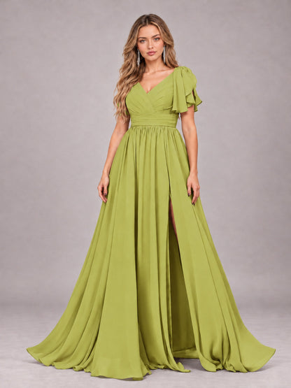 Chartreuse Beautiful BridesmaidV-Neck Lace-Up Back Chiffon Bridesmaid Dress with Slit