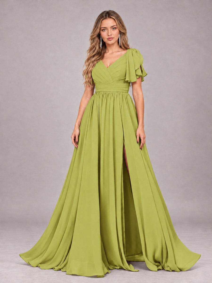 Chartreuse Beautiful BridesmaidV-Neck Lace-Up Back Chiffon Bridesmaid Dress with Slit