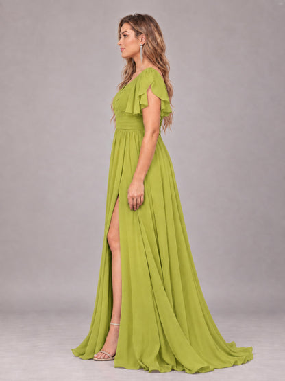 Chartreuse Beautiful BridesmaidV-Neck Lace-Up Back Chiffon Bridesmaid Dress with Slit