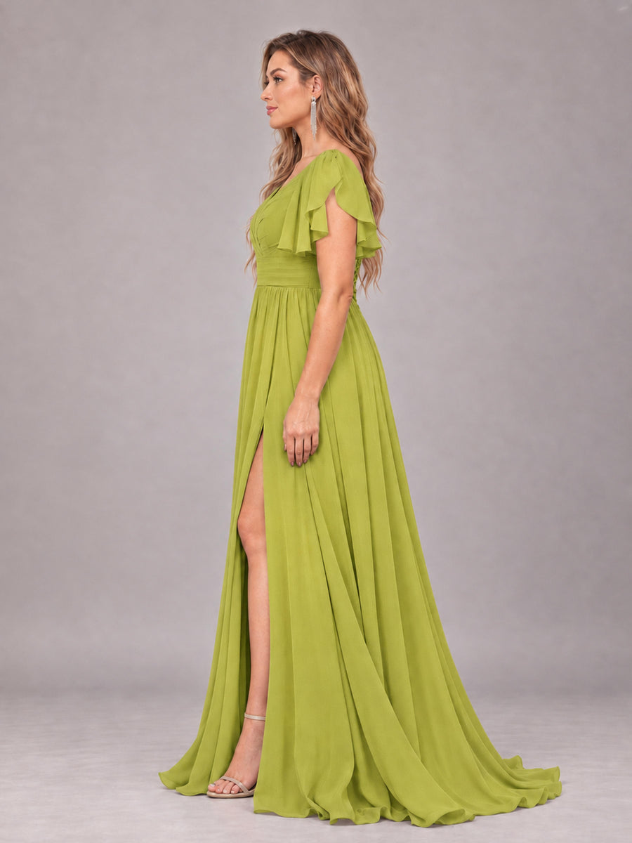 Chartreuse Beautiful BridesmaidV-Neck Lace-Up Back Chiffon Bridesmaid Dress with Slit