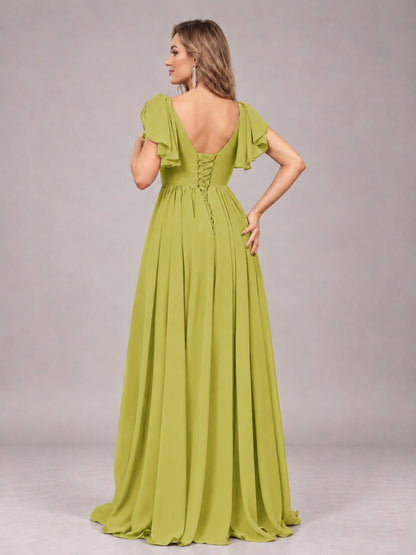 Chartreuse Beautiful BridesmaidV-Neck Lace-Up Back Chiffon Bridesmaid Dress with Slit