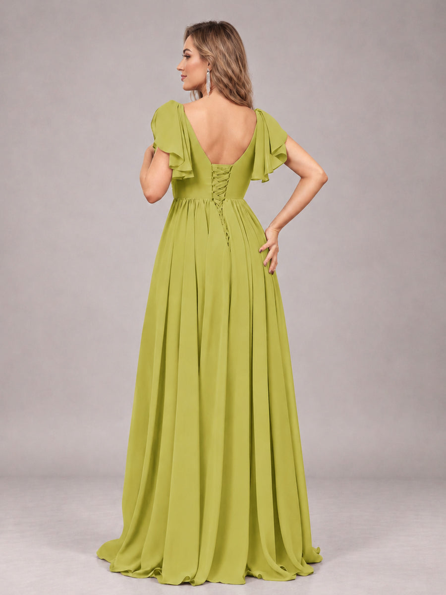 Chartreuse Beautiful BridesmaidV-Neck Lace-Up Back Chiffon Bridesmaid Dress with Slit