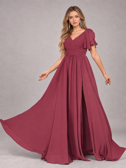 Cinnamon Rose Beautiful BridesmaidV-Neck Lace-Up Back Chiffon Bridesmaid Dress with Slit