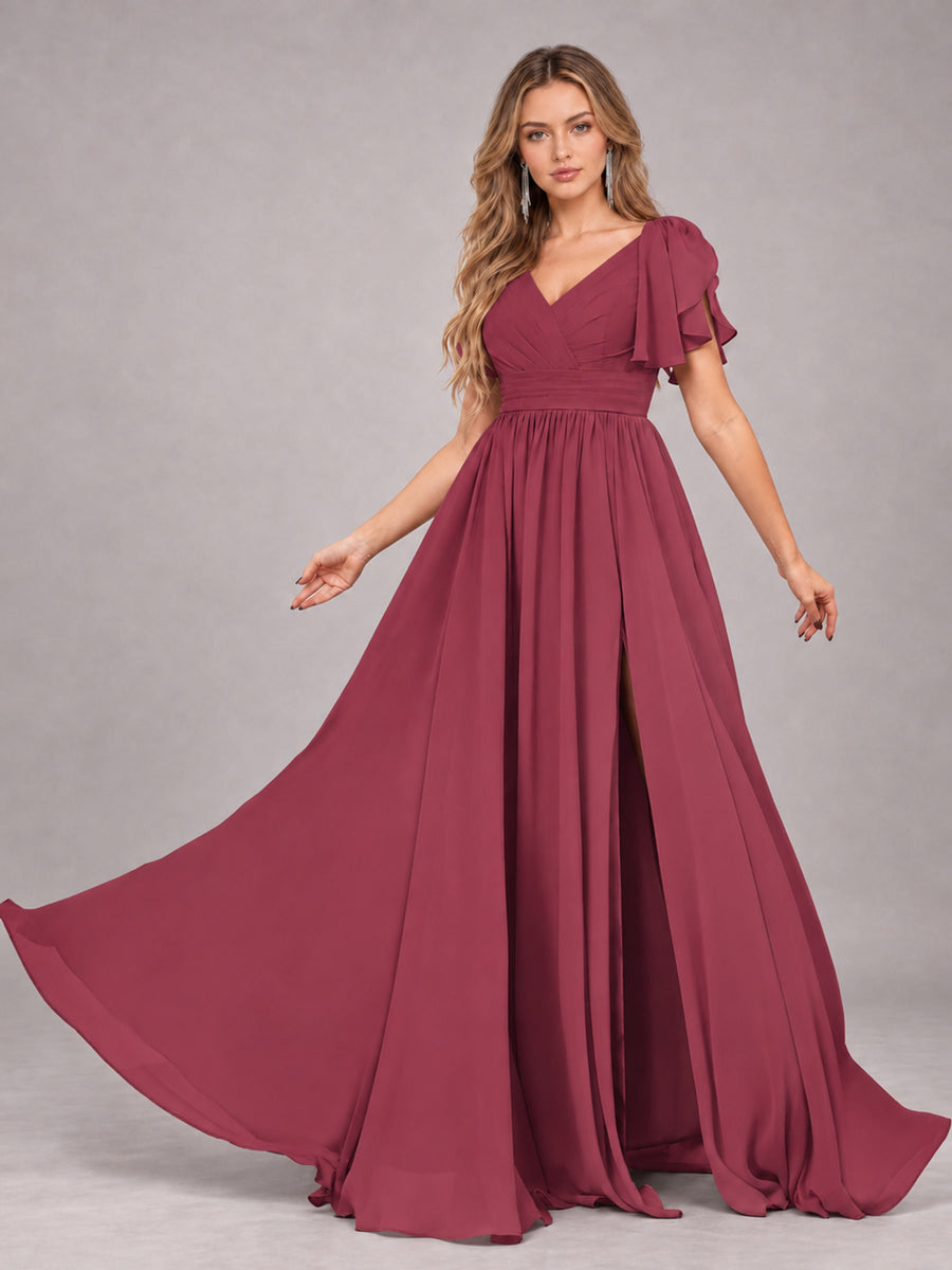 Cinnamon Rose Beautiful BridesmaidV-Neck Lace-Up Back Chiffon Bridesmaid Dress with Slit