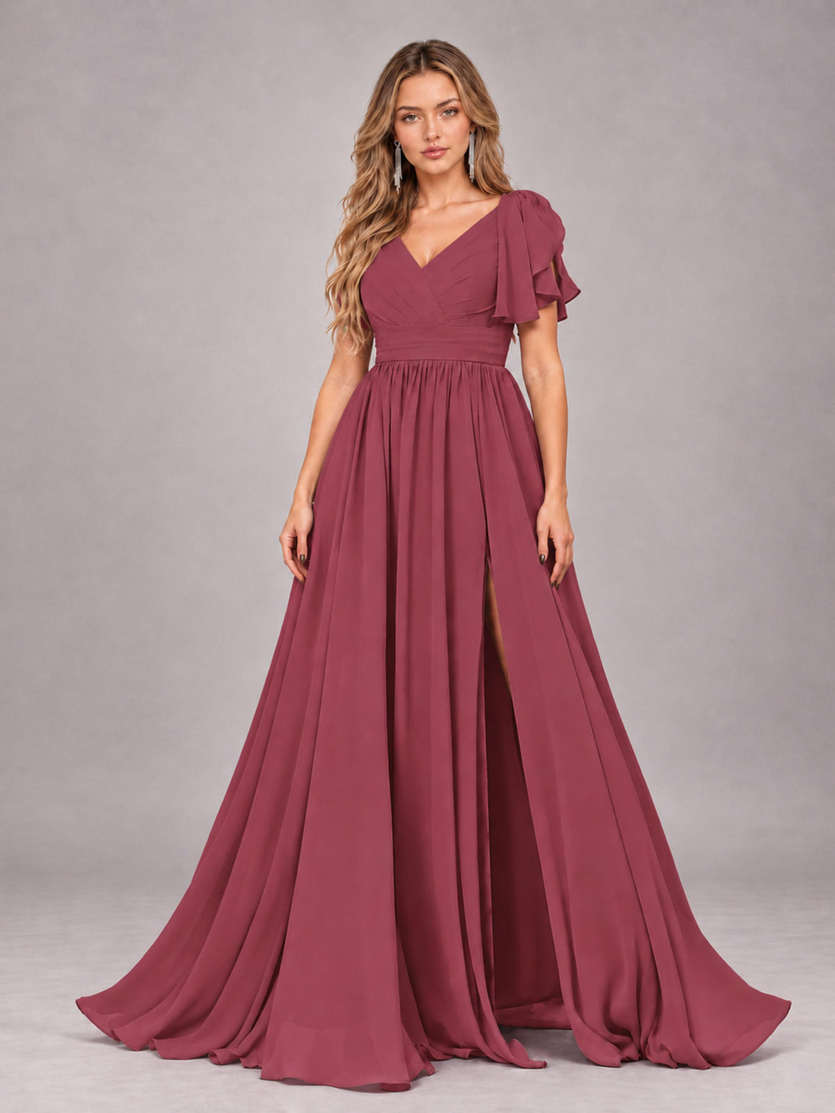 Cinnamon Rose Beautiful BridesmaidV-Neck Lace-Up Back Chiffon Bridesmaid Dress with Slit