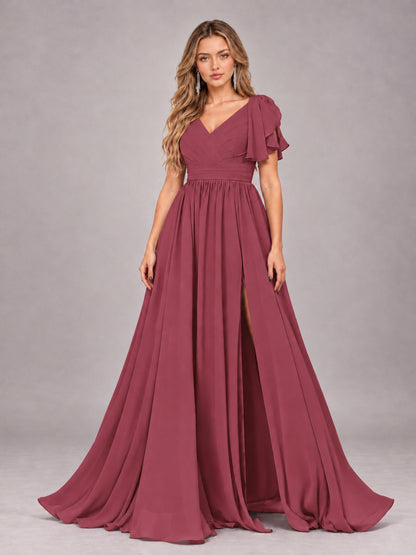 Cinnamon Rose Beautiful BridesmaidV-Neck Lace-Up Back Chiffon Bridesmaid Dress with Slit