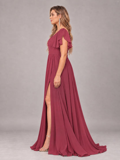 Cinnamon Rose Beautiful BridesmaidV-Neck Lace-Up Back Chiffon Bridesmaid Dress with Slit