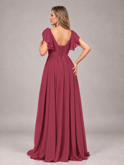 Cinnamon Rose Beautiful BridesmaidV-Neck Lace-Up Back Chiffon Bridesmaid Dress with Slit