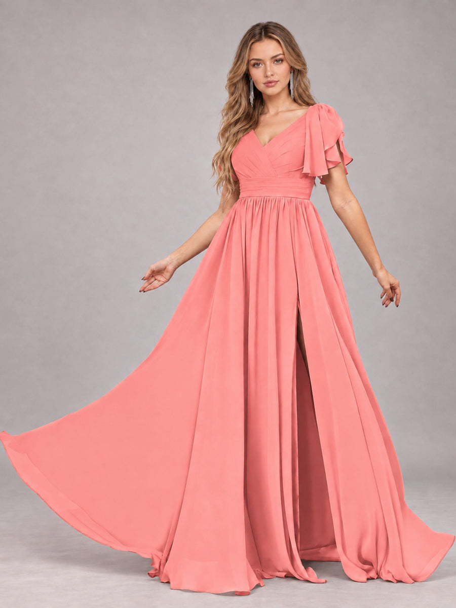 Coral Beautiful BridesmaidV-Neck Lace-Up Back Chiffon Bridesmaid Dress with Slit