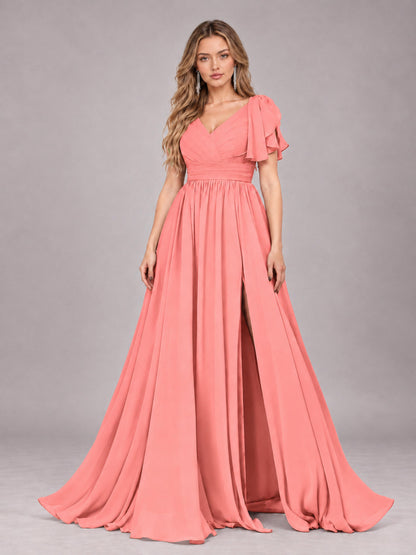 Coral Beautiful BridesmaidV-Neck Lace-Up Back Chiffon Bridesmaid Dress with Slit