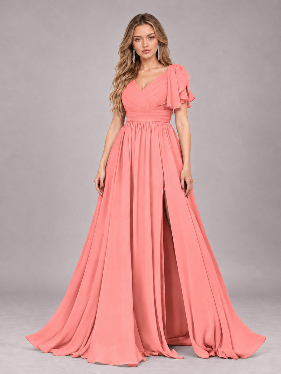 Coral Beautiful BridesmaidV-Neck Lace-Up Back Chiffon Bridesmaid Dress with Slit