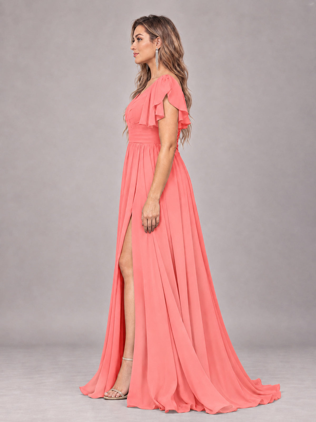 Coral Beautiful BridesmaidV-Neck Lace-Up Back Chiffon Bridesmaid Dress with Slit