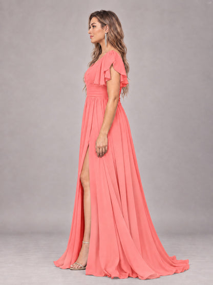 Coral Beautiful BridesmaidV-Neck Lace-Up Back Chiffon Bridesmaid Dress with Slit