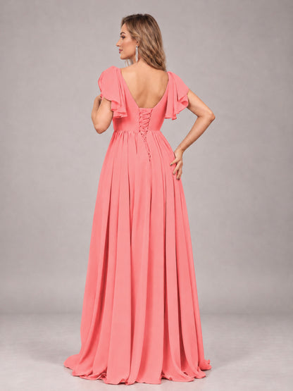 Coral Beautiful BridesmaidV-Neck Lace-Up Back Chiffon Bridesmaid Dress with Slit