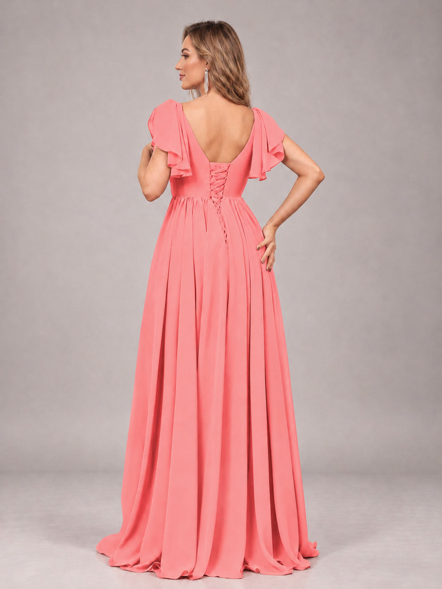 Coral Beautiful BridesmaidV-Neck Lace-Up Back Chiffon Bridesmaid Dress with Slit