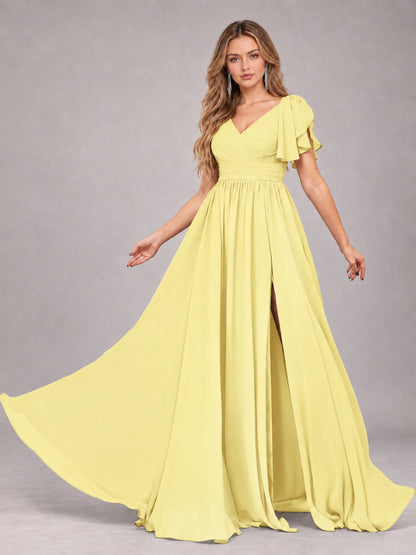 Daffodil Beautiful BridesmaidV-Neck Lace-Up Back Chiffon Bridesmaid Dress with Slit