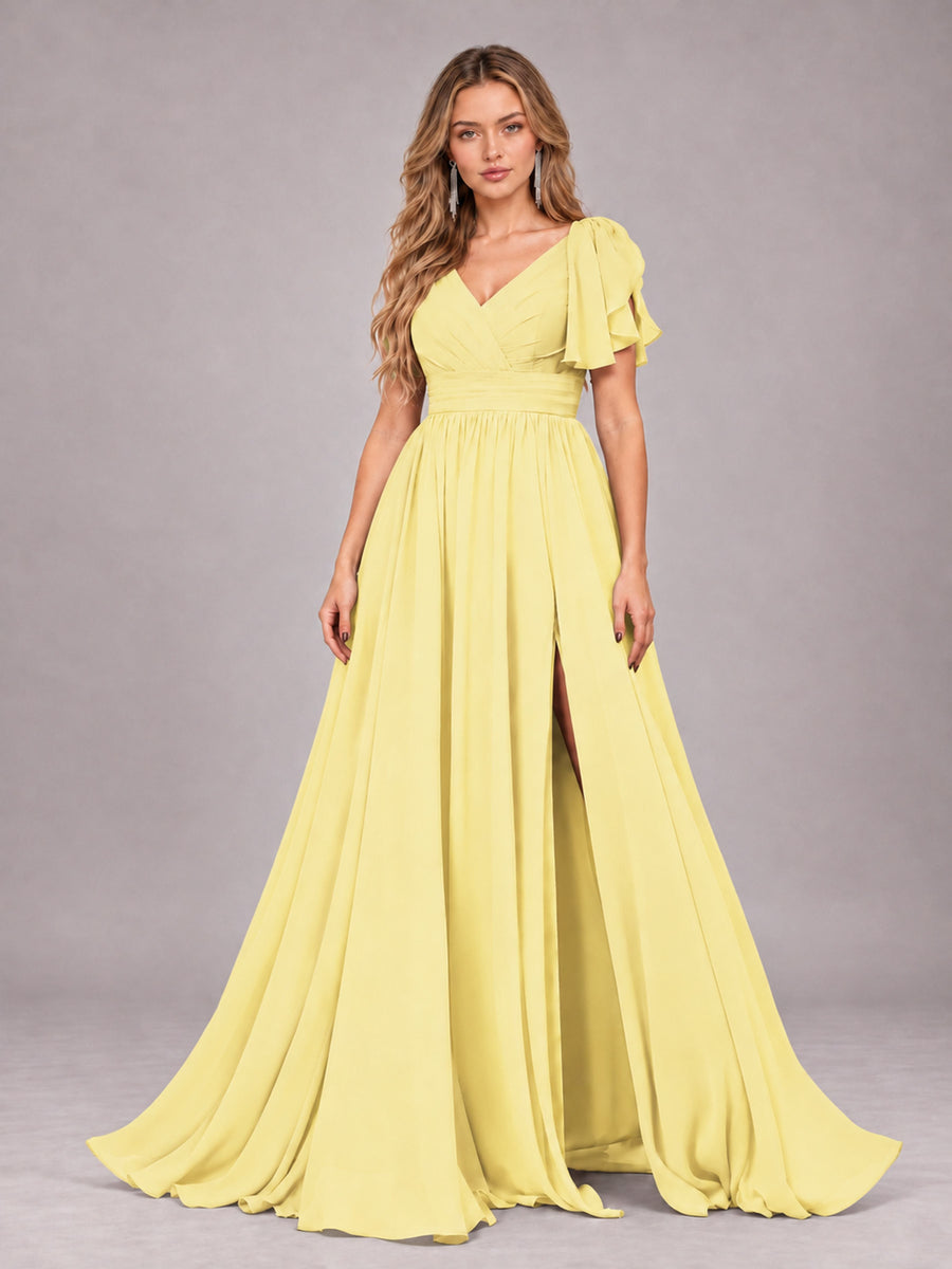 Daffodil Beautiful BridesmaidV-Neck Lace-Up Back Chiffon Bridesmaid Dress with Slit