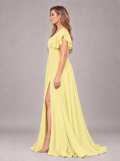 Daffodil Beautiful BridesmaidV-Neck Lace-Up Back Chiffon Bridesmaid Dress with Slit