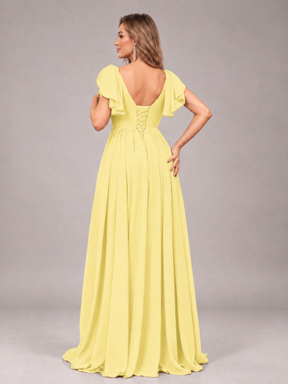 Daffodil Beautiful BridesmaidV-Neck Lace-Up Back Chiffon Bridesmaid Dress with Slit