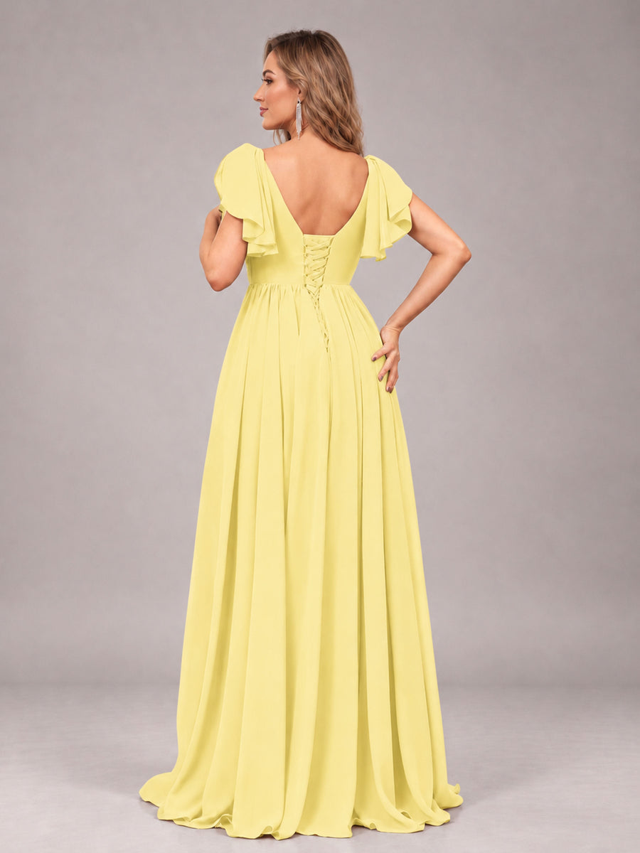 Daffodil Beautiful BridesmaidV-Neck Lace-Up Back Chiffon Bridesmaid Dress with Slit
