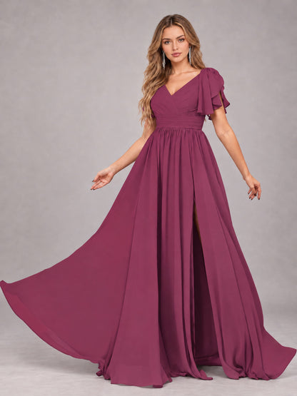 Desert Rose Beautiful BridesmaidV-Neck Lace-Up Back Chiffon Bridesmaid Dress with Slit