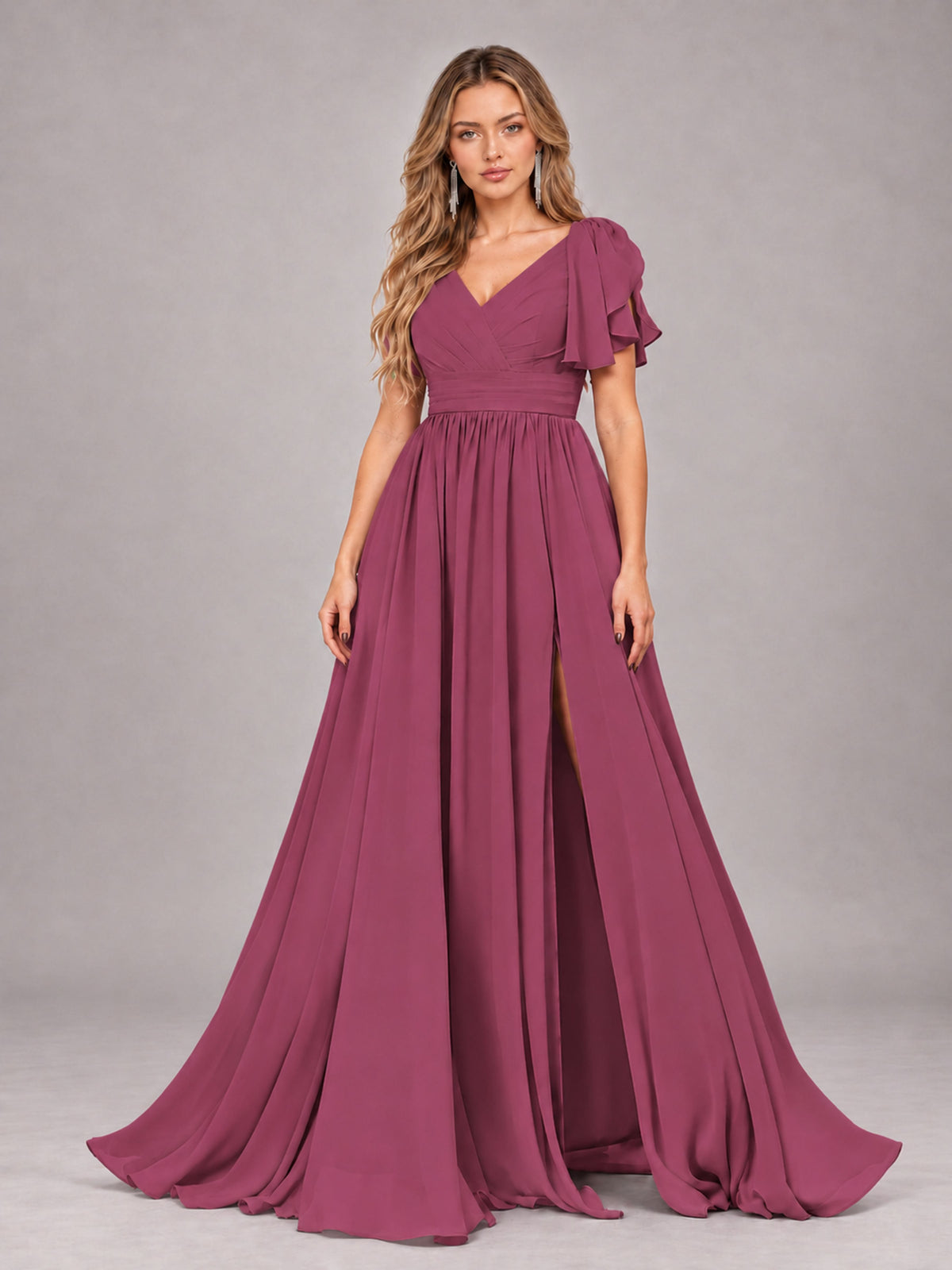 Desert Rose Beautiful BridesmaidV-Neck Lace-Up Back Chiffon Bridesmaid Dress with Slit