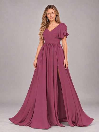 Desert Rose Beautiful BridesmaidV-Neck Lace-Up Back Chiffon Bridesmaid Dress with Slit