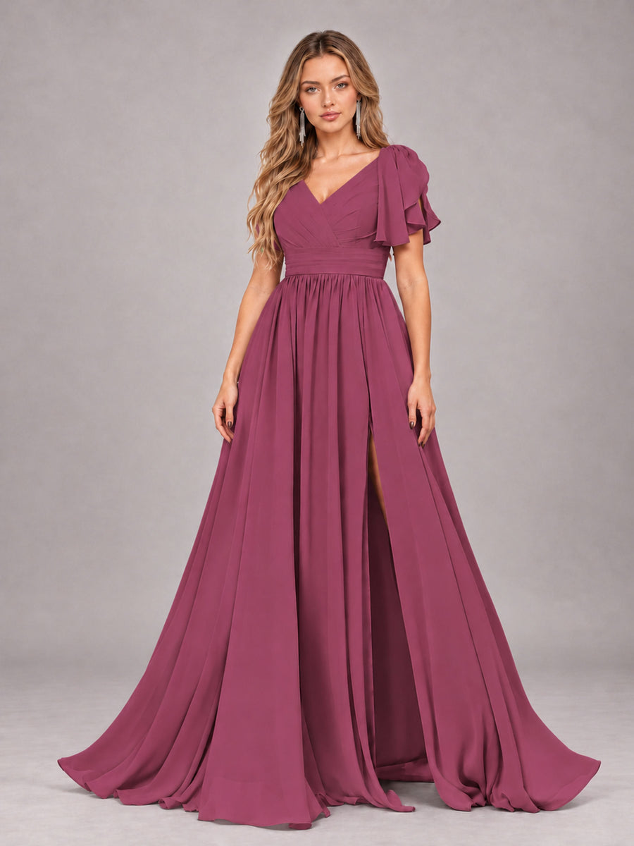 Desert Rose Beautiful BridesmaidV-Neck Lace-Up Back Chiffon Bridesmaid Dress with Slit