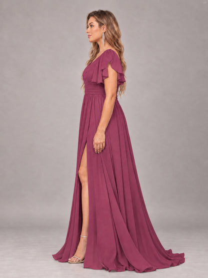 Desert Rose Beautiful BridesmaidV-Neck Lace-Up Back Chiffon Bridesmaid Dress with Slit