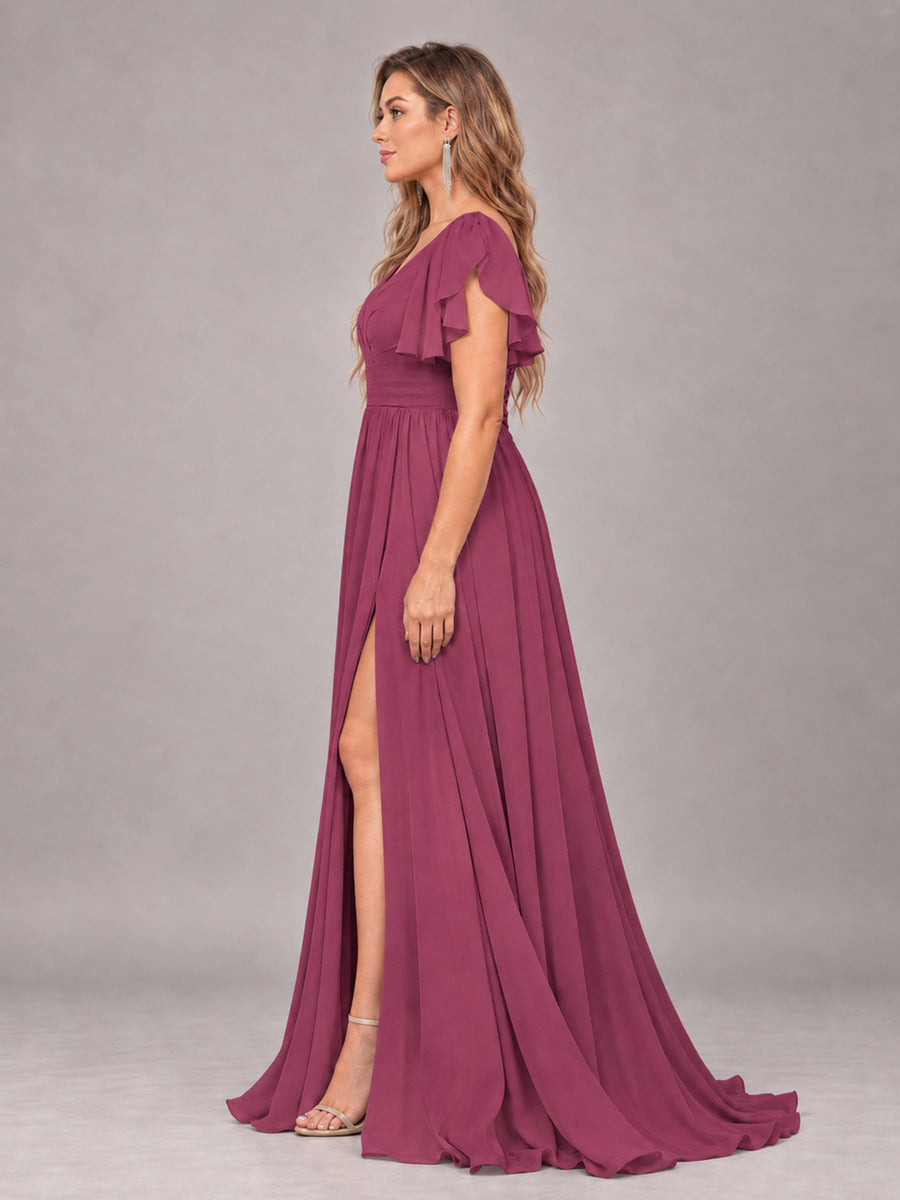 Desert Rose Beautiful BridesmaidV-Neck Lace-Up Back Chiffon Bridesmaid Dress with Slit