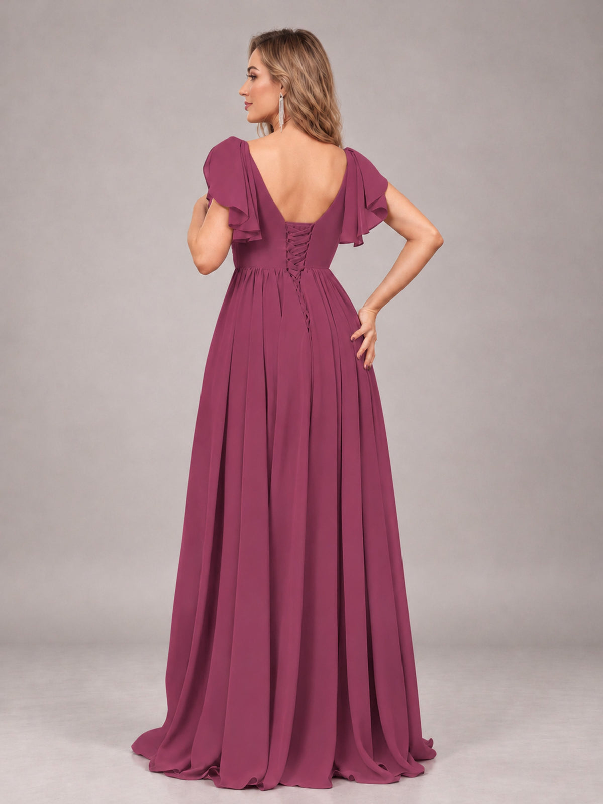 Desert Rose Beautiful BridesmaidV-Neck Lace-Up Back Chiffon Bridesmaid Dress with Slit
