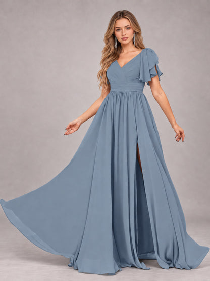Dusty Blue Beautiful BridesmaidV-Neck Lace-Up Back Chiffon Bridesmaid Dress with Slit