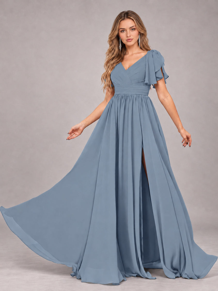 Dusty Blue Beautiful BridesmaidV-Neck Lace-Up Back Chiffon Bridesmaid Dress with Slit