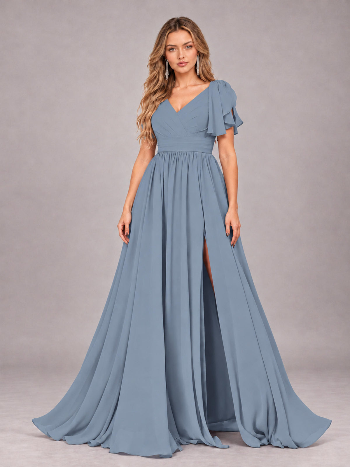 Dusty Blue Beautiful BridesmaidV-Neck Lace-Up Back Chiffon Bridesmaid Dress with Slit