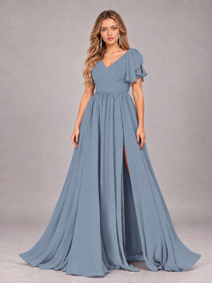 Dusty Blue Beautiful BridesmaidV-Neck Lace-Up Back Chiffon Bridesmaid Dress with Slit