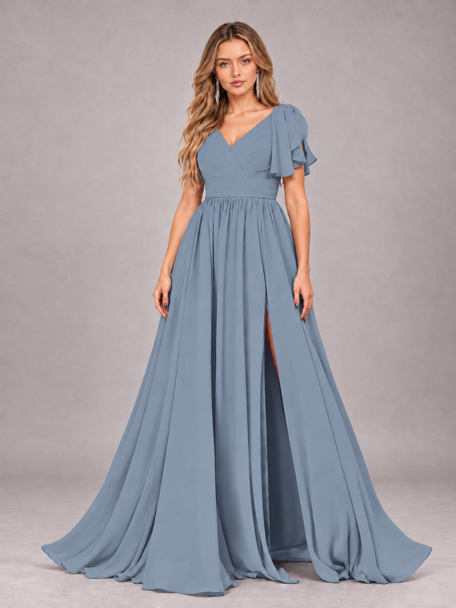 Dusty Blue Beautiful BridesmaidV-Neck Lace-Up Back Chiffon Bridesmaid Dress with Slit