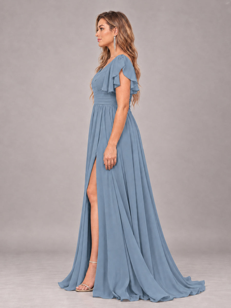 Dusty Blue Beautiful BridesmaidV-Neck Lace-Up Back Chiffon Bridesmaid Dress with Slit