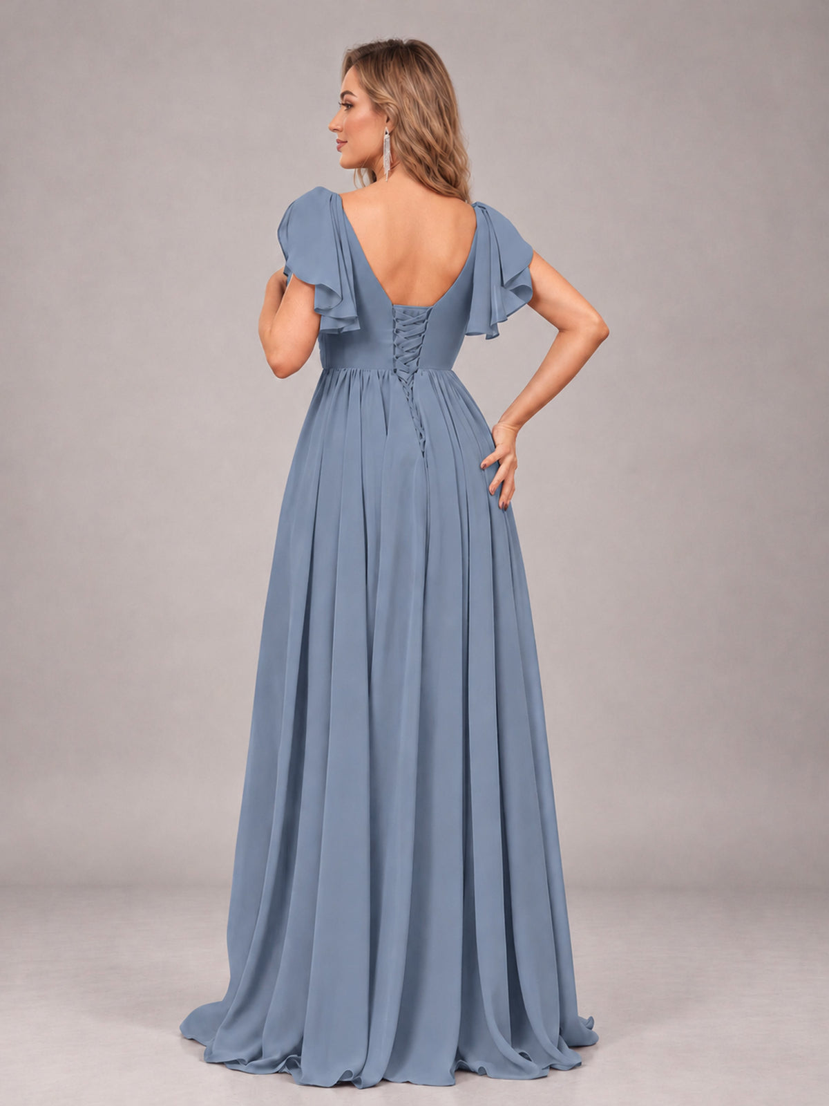 Dusty Blue Beautiful BridesmaidV-Neck Lace-Up Back Chiffon Bridesmaid Dress with Slit